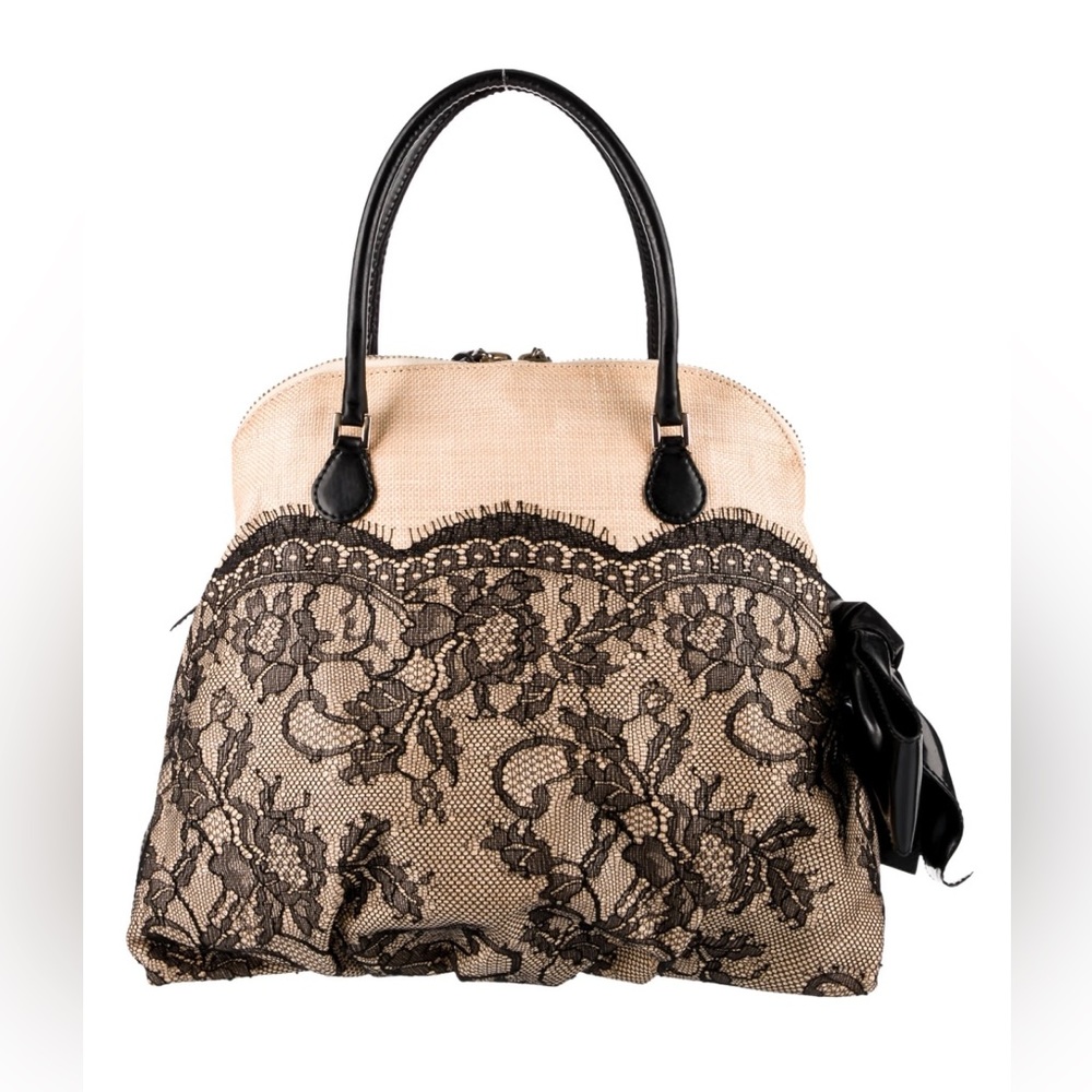 Valentino Garavani Black Beige Straw Lace wicker bow bag tote